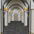 Medieval Castle Reception Desk Area With Stone Brick Floor Arched Doorways And Torches
