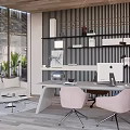 Modern Office Interior Design With Wooden Ceiling Striped Wall Desk Computers And Chairs