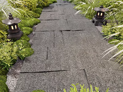 Natural Stone Slab Garden Path Paving Surrounded By Green Plants And Lanterns 3d model