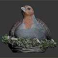 Detailed Bird Sculpture With Red Gray Brown Feathers Green Base And Eggs