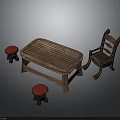 Wooden Furniture Collection Featuring Rectangular Table Chair And Red Cushioned Stools