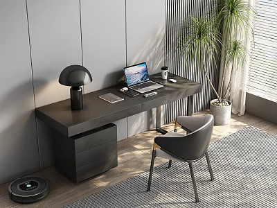 Modern Black Desk Interior With Laptop Table Lamp Mug Tablet Chair And Potted Plant 3d model