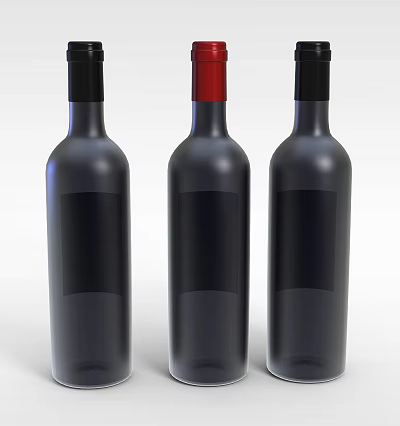 Technology Exhibition Hall Displaying Dark Wine Bottles With Red Black Caps And Label Sections 3d model