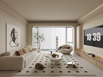 Modern Living Room Interior Design With Beige Sofa Accent Chair Coffee Table And Geometric Rug 3d model