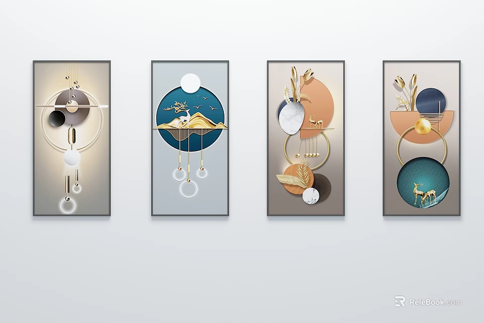 Modern Abstract Paintings with Geometric Shapes Gold Accents and Deer Elements for Home Decor 3d model 