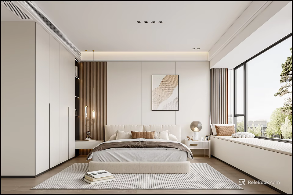 Modern Minimalist Bedroom Interior With Large Bed Wardrobe Decorative Painting And Soft Rug 3d model 