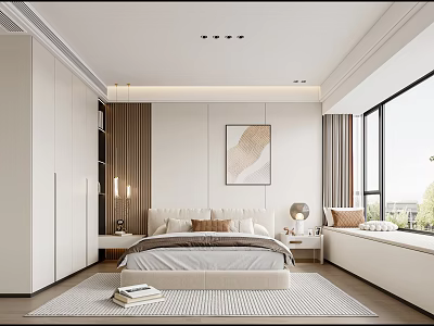 Modern Minimalist Bedroom Interior With Large Bed Wardrobe Decorative Painting And Soft Rug 3d model