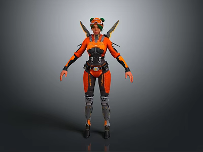 Futuristic Female Character In Orange Black Combat Suit With Green Headgear And Mechanical Wings 3d model