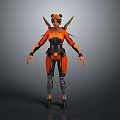 Futuristic Female Character In Orange Black Combat Suit With Green Headgear And Mechanical Wings