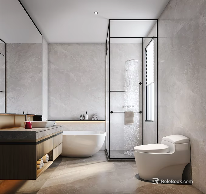 Modern Bathroom Interior With Marble Walls Glass Shower Freestanding Bathtub And Wooden Vanity 3d model 