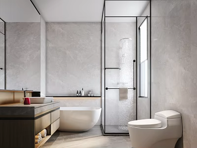Modern Bathroom Interior With Marble Walls Glass Shower Freestanding Bathtub And Wooden Vanity 3d model