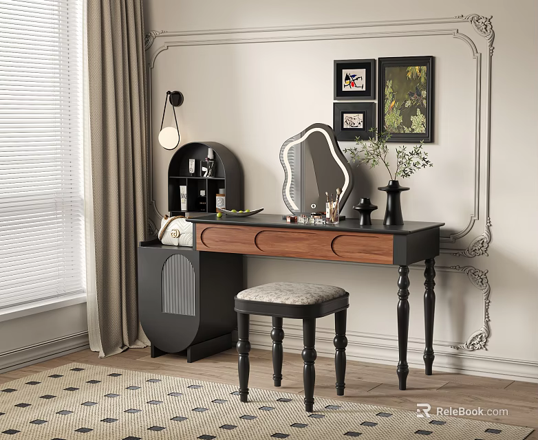 Classic Wooden Dressing Table with Mirror and Stool Decorative Paintings and Vase on Wall 3d model 