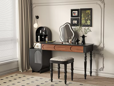 Classic Wooden Dressing Table with Mirror and Stool Decorative Paintings and Vase on Wall 3d model
