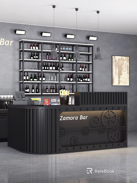 Industrial Style Zamora Bar Counter With Gear Designs Wine Shelves Pendant Lights And Wall Painting 3d model 