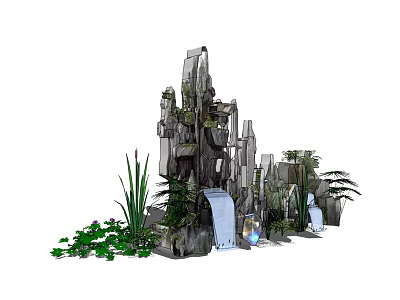 Decorative Garden Ornament Featuring Rock Formations Waterfall And Lush Greenery Plants 3d model
