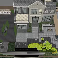 Modern Garden Landscape Around House With Colorful Trees Stone Paths Green Plants And Patio Area