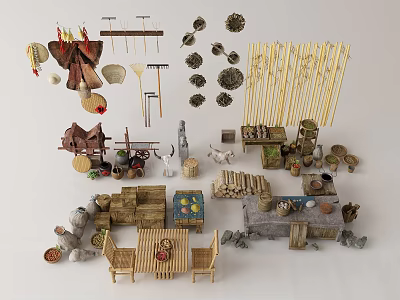 Creative Garden Decorative Items with Bamboo Crafts Garden Tools Clay Pots and Woven Decorations 3d model