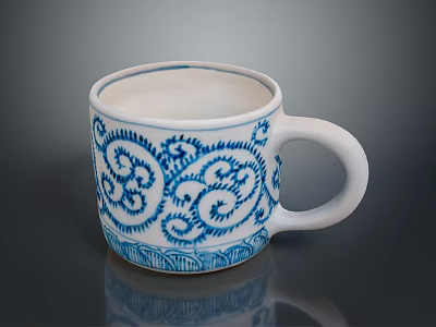 Decorative White Mug With Blue Intricate Scroll Patterns And Handle 3d model