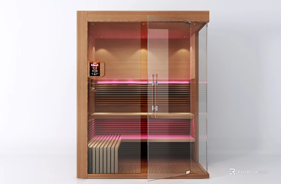 Modern Wooden Shower Sauna with Glass Door LED Lighting and Interior Design 3d model 