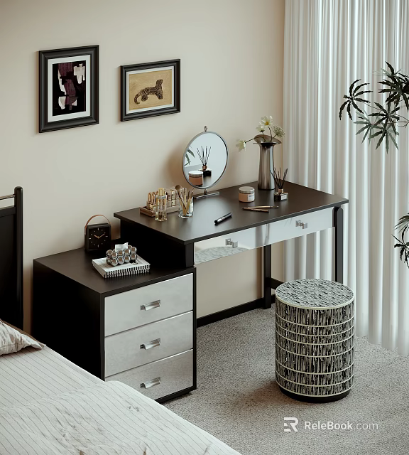 Black Dressing Table With Round Mirror Cosmetics Perfume Bottles Vase With Flowers And Woven Stool 3d model 