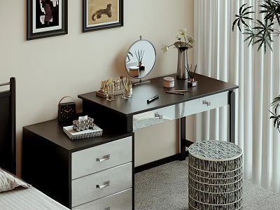 Black Dressing Table With Round Mirror Cosmetics Perfume Bottles Vase With Flowers And Woven Stool 3d model