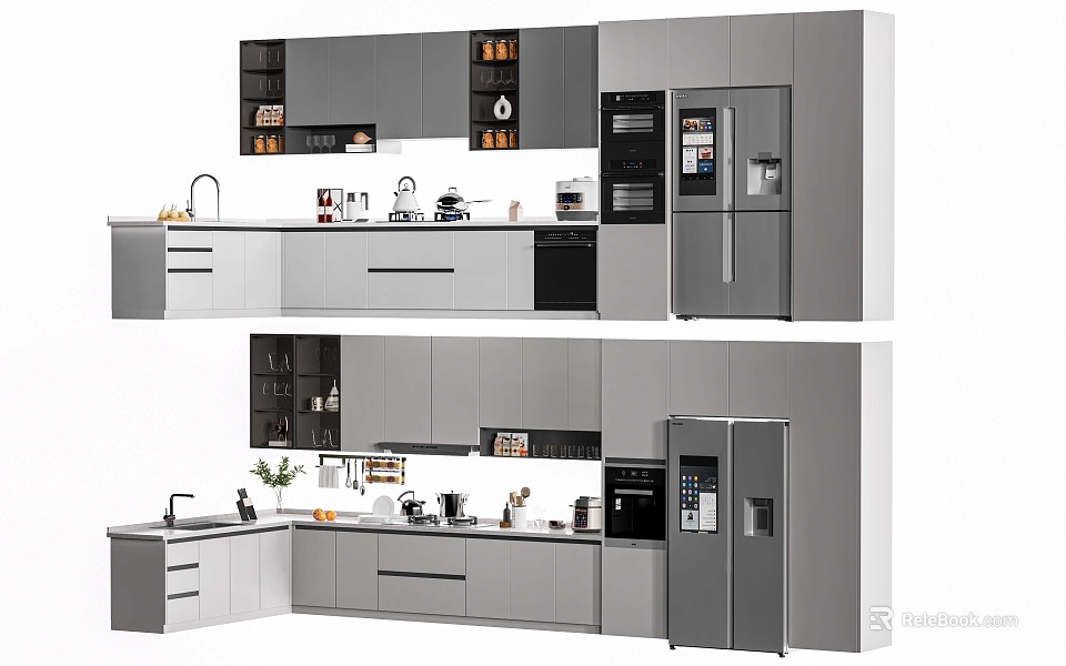 Modern Kitchen Interior With Gray Integrated Upper And Lower Cabinets And Appliances 3d model 
