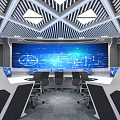Modern Control Room Interior Design With Large Blue Digital Screen And Control Desks 3d model