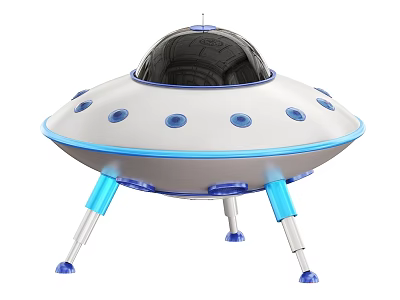 White And Blue UFO Model With Black Dome Circular Windows And Support Legs 3d model