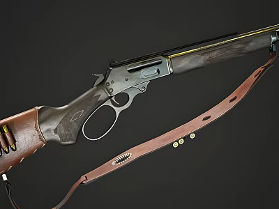 Vintage Wooden Stock Rifle With Leather Strap And Ammunition Details 3d model