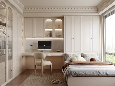 Modern Tatami Bedroom Interior Design With White Cabinets Open Shelves Desk And Window 3d model