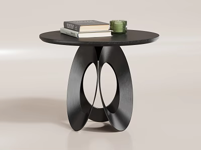 Black Modern Side Table With Round Top Unique Base Books And Green Candle Holder 3d model
