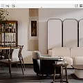 Modern Living and Dining Room Interior With Beige Sofa Wooden Table Lantern Light And Decorative Screen
