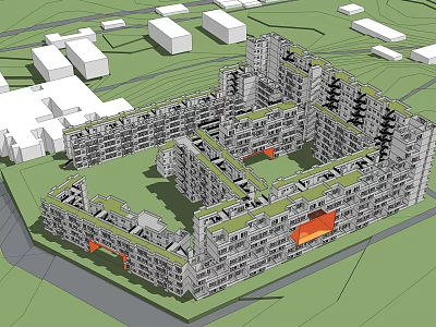 3D Architectural Model of Multi Storey Interconnected Building Complex With Courtyards And Green Space 3d model