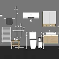 Modern Bathroom Interior Featuring White Toilet With Water Heater Towel Rack Sink And Cabinet
