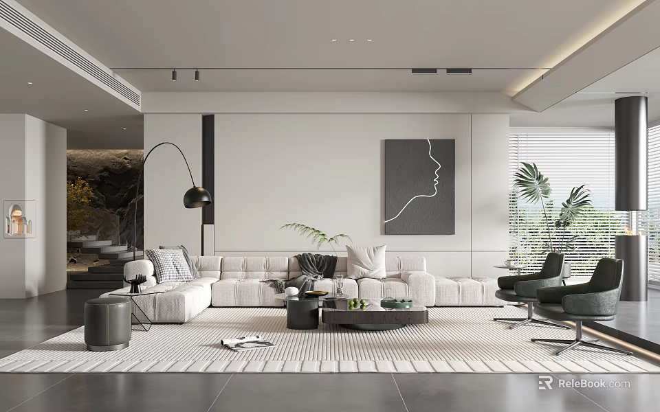Modern Living Room Interior Design With Light Gray Sofa Black Floor Lamp And Abstract Portrait 3d model 