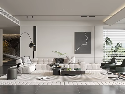 Modern Living Room Interior Design With Light Gray Sofa Black Floor Lamp And Abstract Portrait 3d model