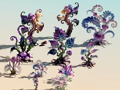 Colorful Artistic Plant Sculptures With Curled Leaves And Vibrant Details 3d model