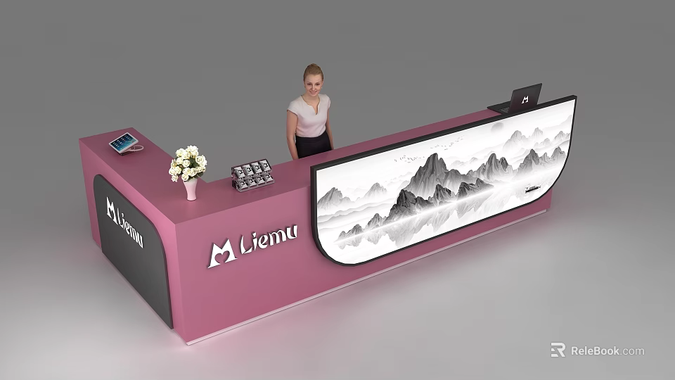 Pink Lienu Reception Desk With Mountain Landscape Display And Flower Vase 3d model 