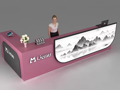 Pink Lienu Reception Desk With Mountain Landscape Display And Flower Vase 3d model