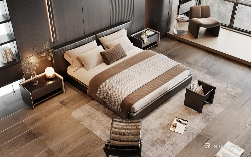 Modern Bedroom Interior With Wooden Floor Bed Nightstand Chair And Rug 3d model 