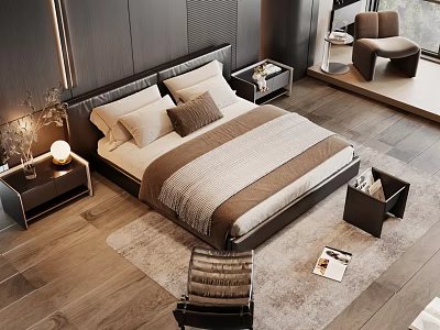 Modern Bedroom Interior With Wooden Floor Bed Nightstand Chair And Rug 3d model
