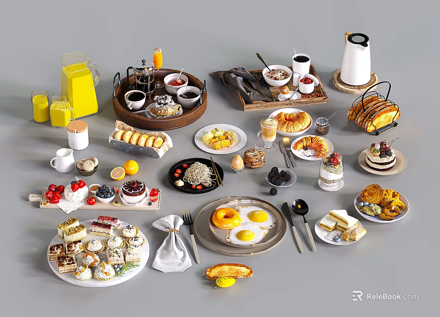 Assorted Delicious Food Spread With Fried Eggs Cakes Sandwiches Fruits And Beverages On Plates 3d model 