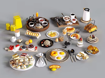 Assorted Delicious Food Spread With Fried Eggs Cakes Sandwiches Fruits And Beverages On Plates 3d model