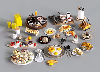 Modern Food Combination Tray Bread Cake Coffee Drink 3d model