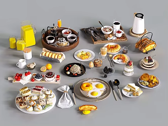 Modern Food Combination Tray Bread Cake Coffee Drink 3d model