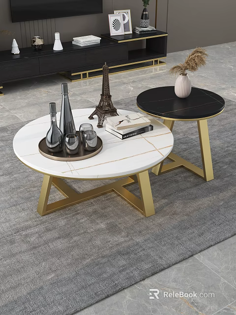 Modern Coffee Table Set With White Marble Top Golden Frame Black Tray Vase And Books 3d model