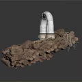 Floating Rock Platform With White Arch Structure Vegetation And Wooden Pathway