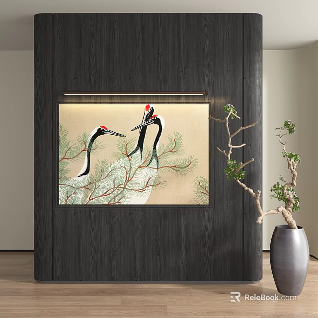 Elegant Abstract Painting Featuring Cranes And Pine Branches On Dark Wooden Wall For Interior Decor 3d model 
