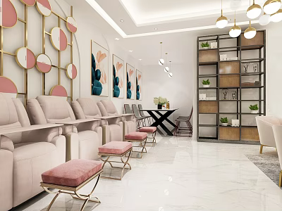 Modern Beauty Salon Interior With Stylish Sofas Pink Stools Decorative Wall Art And Green Plants 3d model
