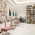 Modern Beauty Salon Interior With Stylish Sofas Pink Stools Decorative Wall Art And Green Plants
